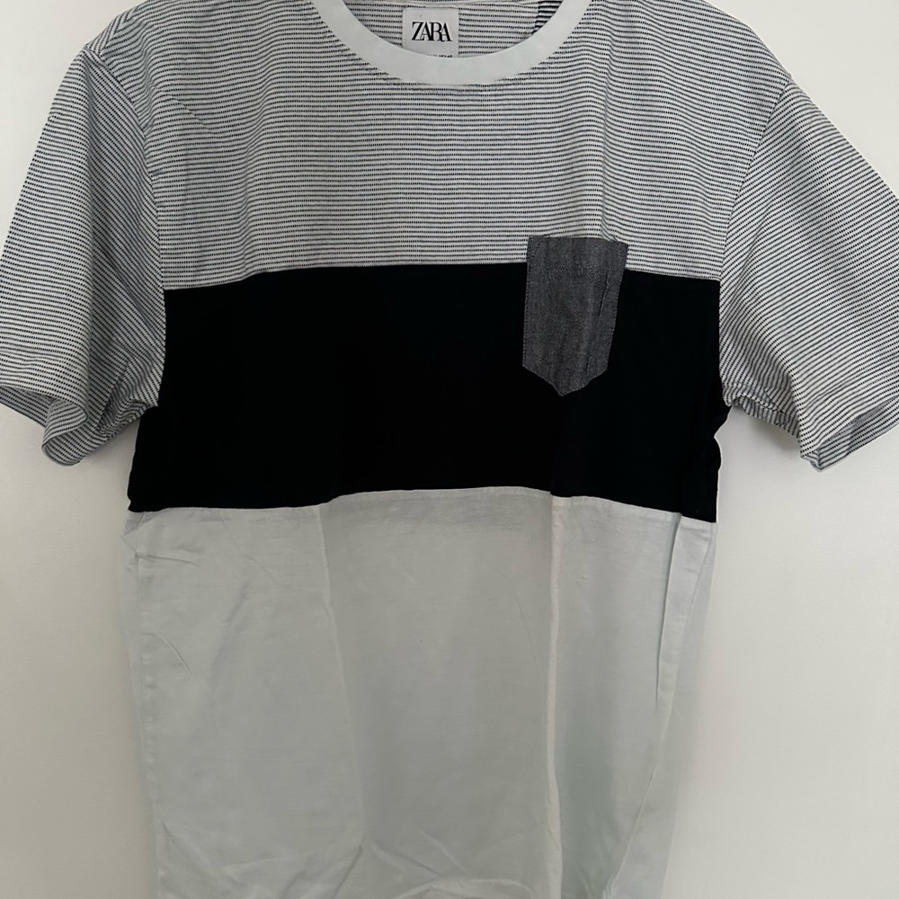 Zara Navy and White Striped Colorblock Tee